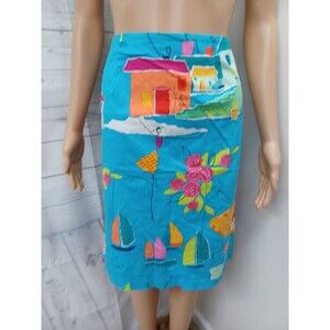Elizabeth Dalton Pencil Skirt Aqua French Riviera Print Boats Sz 10